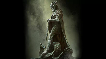 A dramatic HD wallpaper featuring a statue from The Elder Scrolls V: Skyrim, showcasing a figure in armor with a dragon beneath, set against a moody, atmospheric background.