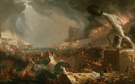 A dramatic artistic painting depicting chaos and turmoil, featuring a grand statue amidst turbulent waters and a chaotic scene, serving as an HD PC desktop wallpaper and background.