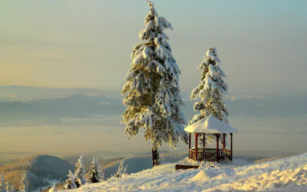 A tranquil winter landscape features snow-covered trees and a gazebo, with serene mountains in the background, creating a beautiful HD desktop wallpaper.