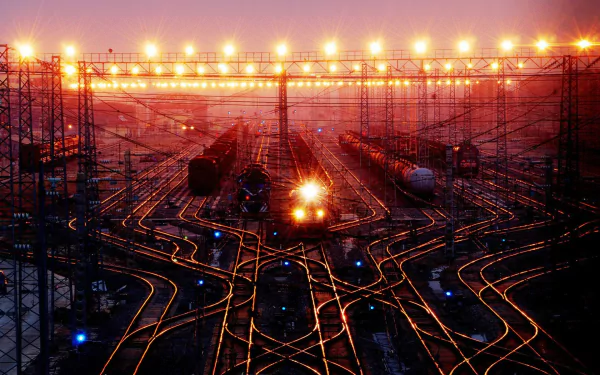 A captivating HD desktop wallpaper featuring a train yard, showcasing intricate rail lines illuminated by glowing lights, creating a stunning visual ambiance.
