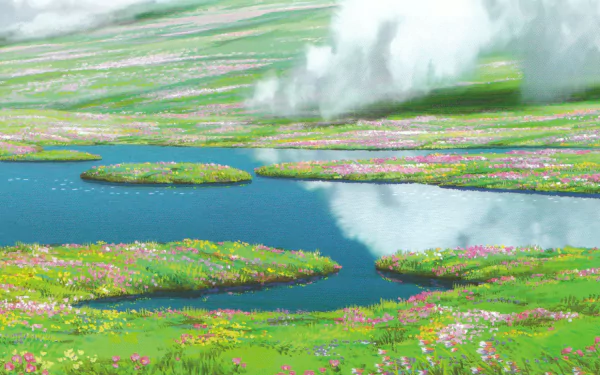 HD wallpaper of a scenic view from Howl's Moving Castle featuring a lush green landscape with a clear river and blooming flowers.