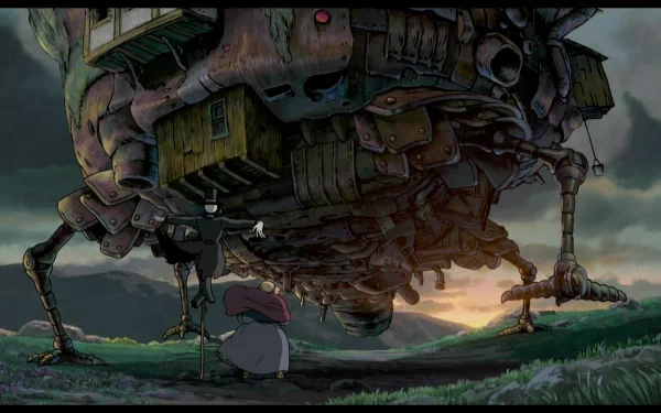 HD desktop wallpaper of Howl's Moving Castle with the castle walking across a sunset landscape.