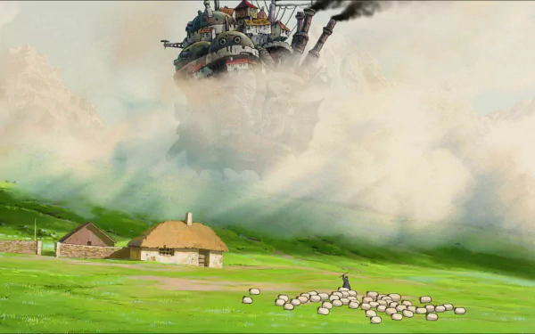 HD desktop wallpaper featuring Howl's Moving Castle amidst clouds above a pastoral scene with a shepherd and sheep.