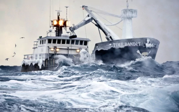 HD wallpaper of the fishing vessel Time Bandit from Deadliest Catch braving tumultuous seas.