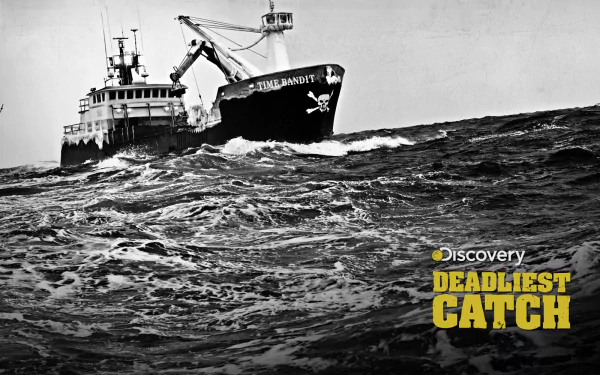 HD wallpaper featuring a fishing vessel from Deadliest Catch braving turbulent seas, with the show's logo displayed.