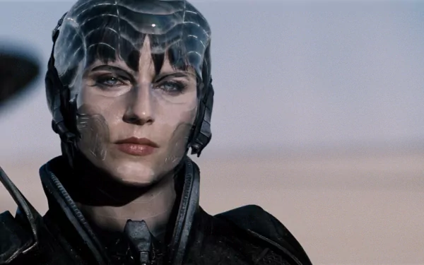 HD PC desktop wallpaper featuring a close-up of Faora, a character from the movie Man of Steel, with her distinctive Kryptonian armor and intense expression.