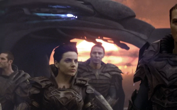 HD PC desktop wallpaper featuring characters from the movie Man of Steel in a dramatic, futuristic setting with a glowing background.