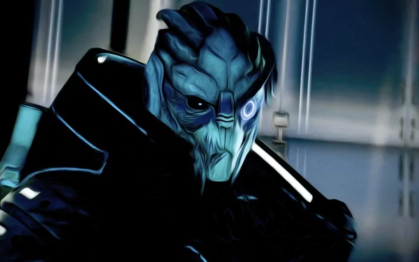 Garrus Vakarian from the video game Mass Effect 2, close-up: blue turian in battle armor lit in cool tones against a blurred sci‑fi interior — 2K Quad HD PC desktop wallpaper/background.
