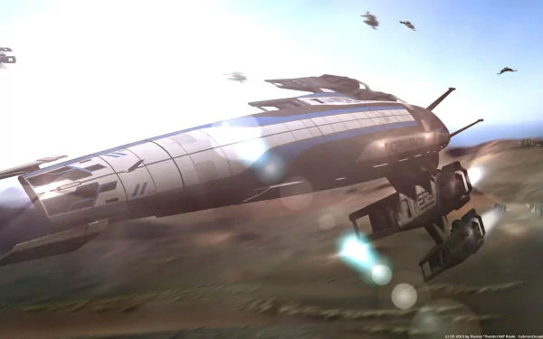 4K Ultra HD sci-fi wallpaper of the Normandy SR-2 starship from the Mass Effect video game, soaring above a rugged landscape with flying drones in the background.