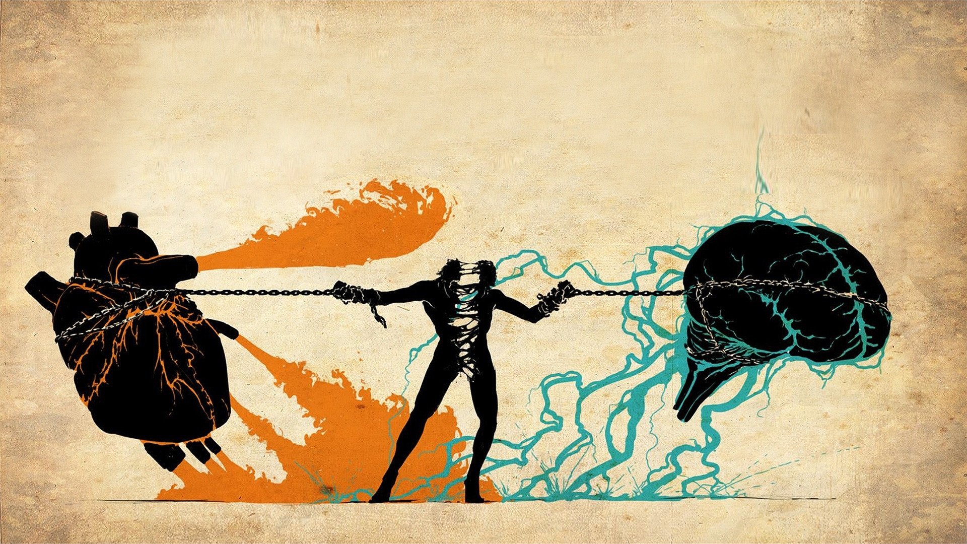 An artistic depiction of a figure pulling a heart and brain on chains, surrounded by vibrant colors, symbolizing the struggle between love and reason. A striking HD desktop wallpaper.
