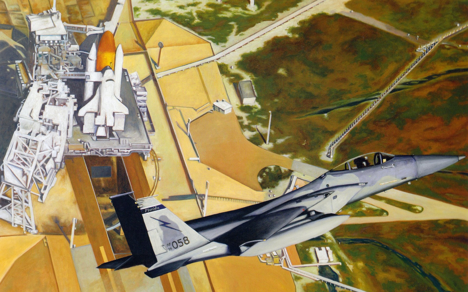 HD desktop wallpaper featuring a McDonnell Douglas F-15 Eagle flying over a launch pad area, blending military aviation with a detailed aerial landscape.