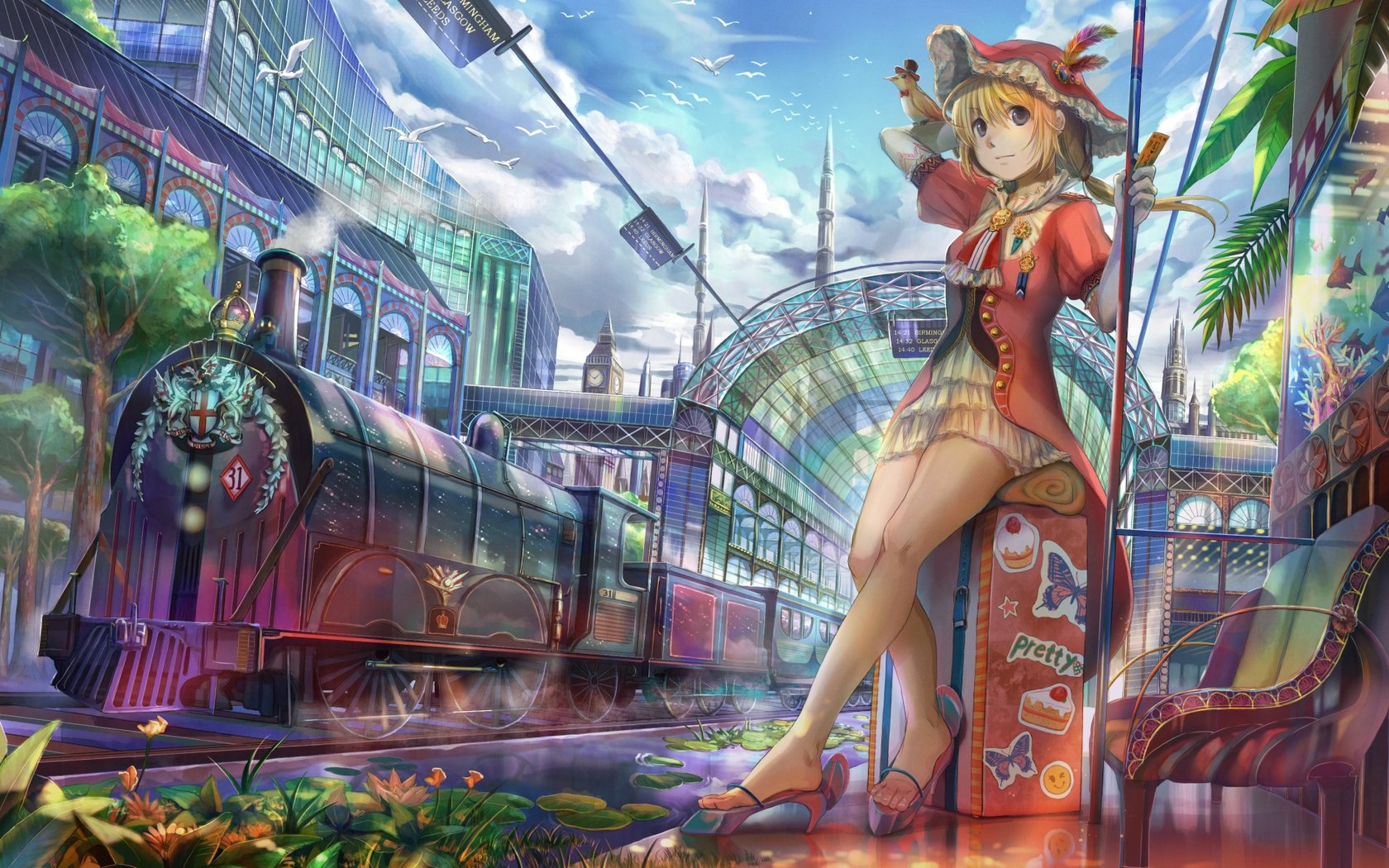 A vibrant anime scene featuring a girl beside a vintage train in a lush, colorful station, set against a beautifully detailed background. This HD artwork is an engaging desktop wallpaper.