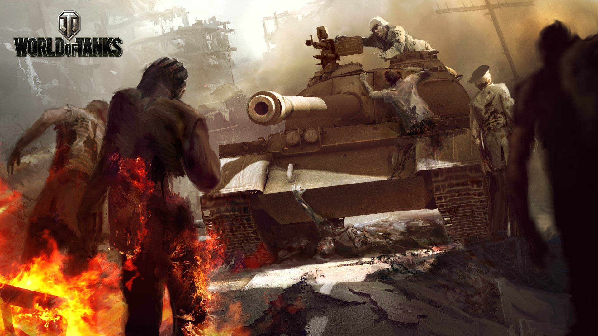 HD PC desktop wallpaper from the video game World of Tanks, featuring a tank crew in a war-torn urban battlefield with flames and soldiers in combat.