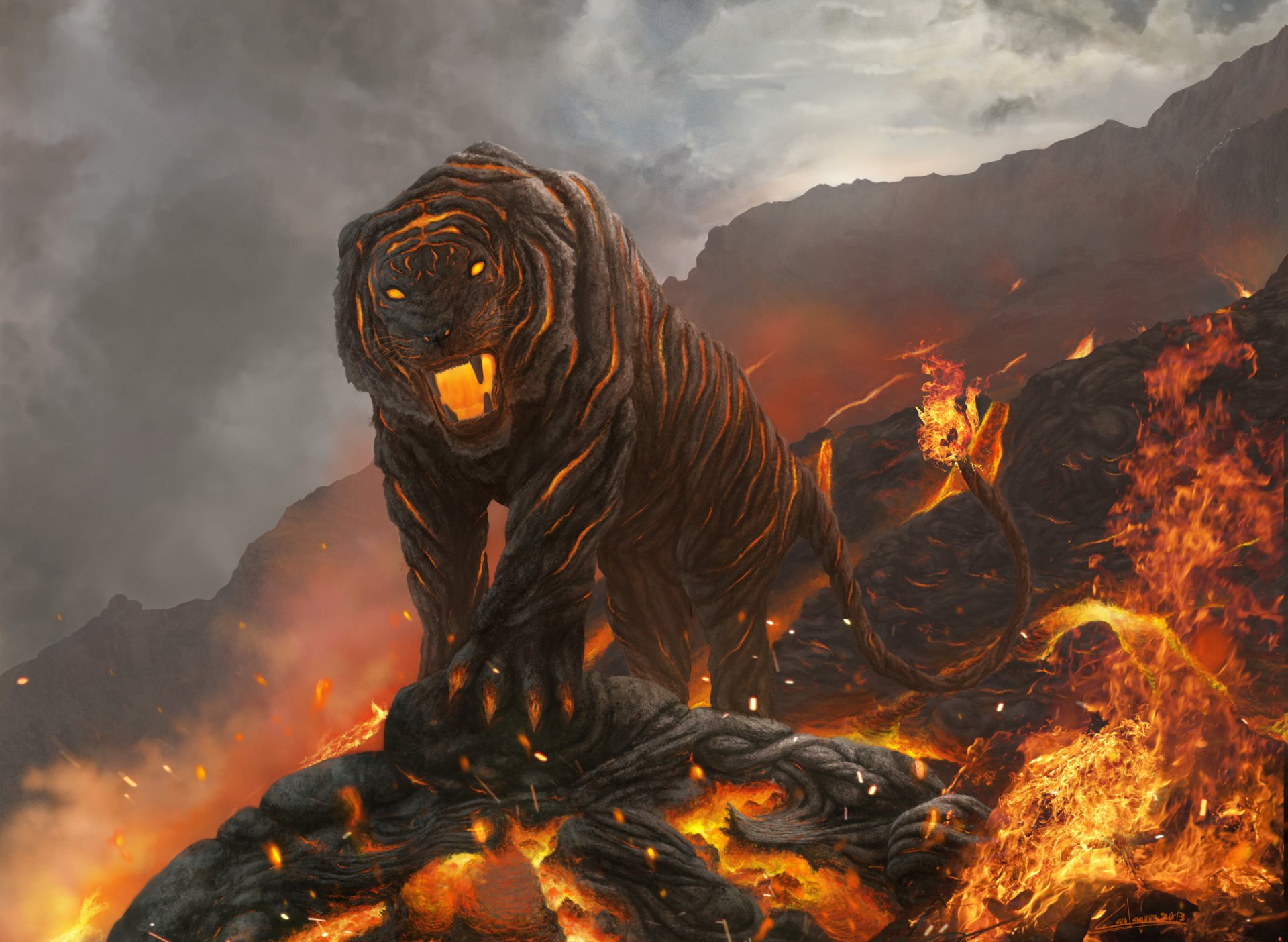 A fiery fantasy scene featuring a fierce tiger with glowing eyes, standing amidst volcanic rocks and flames, creating a dramatic and vivid HD PC desktop wallpaper.