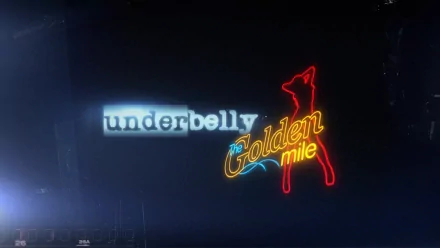 HD desktop wallpaper: Underbelly TV show logo with neon The Golden Mile script and a red dancer silhouette against a dark background.