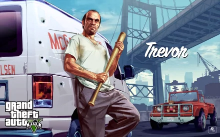 Trevor Philips from Grand Theft Auto V stands confidently with a baseball bat, set against a vibrant city backdrop, showcasing a striking HD PC desktop wallpaper.