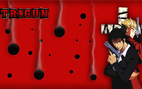 Anime Trigun 2K Quad HD PC desktop wallpaper and background: two characters back-to-back with guns on the right against a red backdrop dotted with black circular holes.