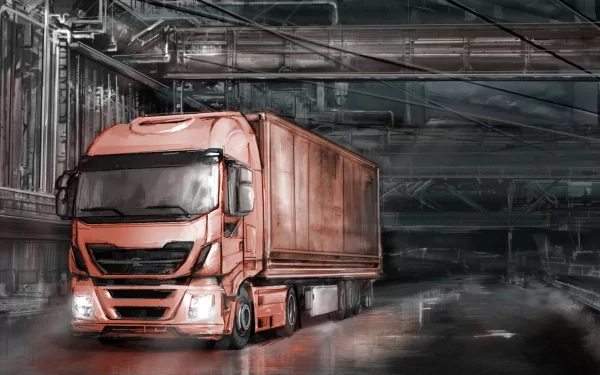 An HD wallpaper featuring a detailed depiction of a truck from Euro Truck Simulator 2, set in an industrial environment with a moody atmosphere.