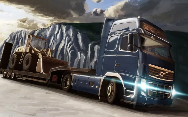 HD desktop wallpaper of Euro Truck Simulator 2: a blue semi-truck hauling heavy machinery through a mountainous landscape under a cloudy sky.