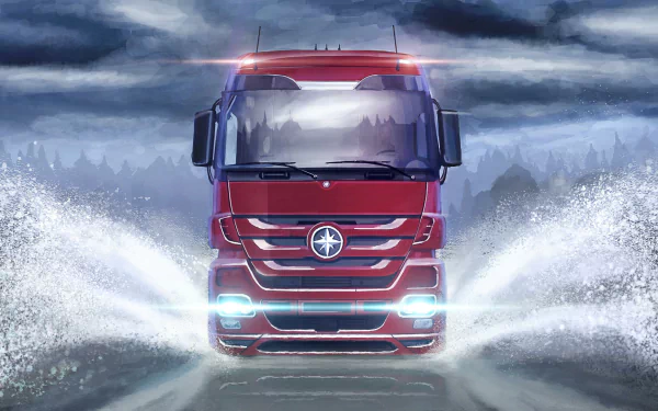 HD desktop wallpaper of Euro Truck Simulator 2, featuring a red truck driving through a wet, stormy landscape with splashing water and dramatic clouds.