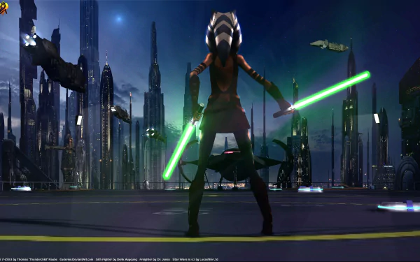 HD desktop wallpaper featuring Ahsoka Tano wielding dual lightsabers in a futuristic cityscape, a bold depiction from Star Wars universe.