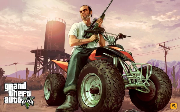 HD desktop wallpaper of Trevor Philips from Grand Theft Auto V, featuring him sitting on an ATV with a rifle against a mountainous background and water tower. Grand Theft Auto V logo is displayed on the bottom left.