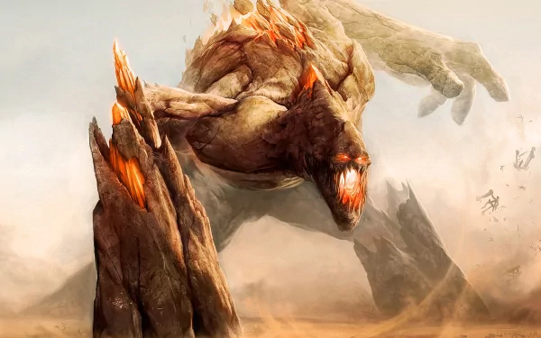 HD desktop wallpaper featuring a fierce monster from the Rift video game engaged in an intense battle amidst a rocky, desolate landscape.