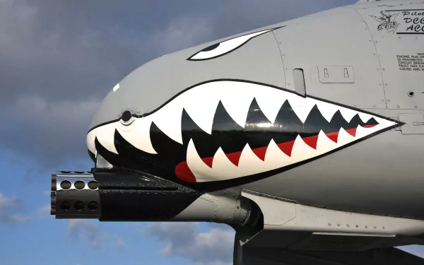 Fairchild Republic A-10 Thunderbolt II close-up: shark-mouth nose art and GAU-8 Avenger cannon against a cloudy sky — military 4K Ultra HD PC desktop wallpaper/background