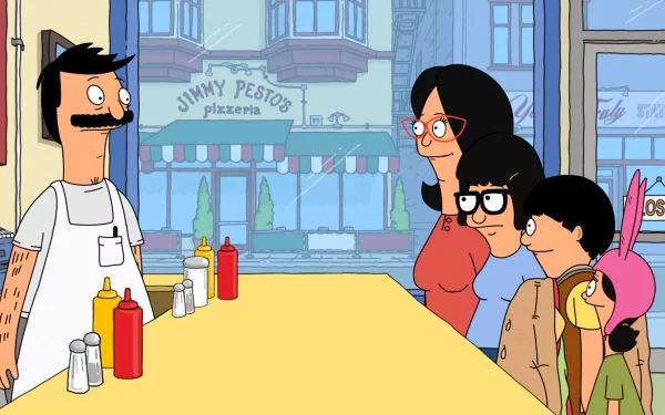 HD desktop wallpaper of Bob's Burgers characters Bob, Linda, Tina, Gene, and Louise Belcher in the restaurant.