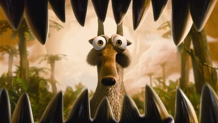 A scene from *Ice Age: Dawn of the Dinosaurs*, featuring a startled character viewed through the open jaws of a dinosaur, set against a vibrant prehistoric backdrop. HD desktop wallpaper.
