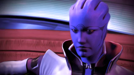 HD PC desktop wallpaper featuring Aria T'Loak from the video game Mass Effect 3, showcasing her contemplative expression in a futuristic setting.