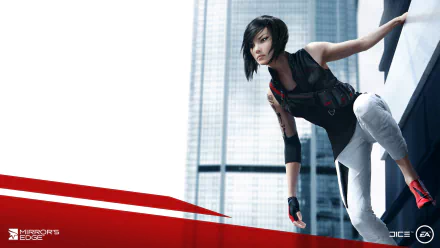 Faith Connors from Mirror's Edge Catalyst poised on a rooftop in a sleek urban setting, featured in a HD PC desktop wallpaper and background.