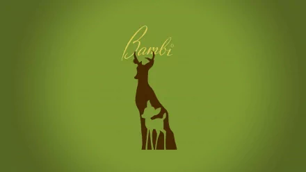 HD PC desktop wallpaper featuring a minimalist silhouette of Bambi and a fawn against a green background with the movie title Bambi in elegant script.