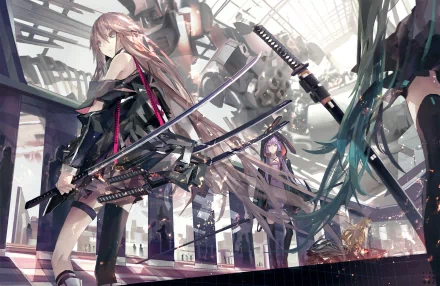 HD wallpaper featuring Vocaloid characters SeeU, Yuzuki Yukari, IA, and Hatsune Miku in an anime-style artwork with a futuristic backdrop.