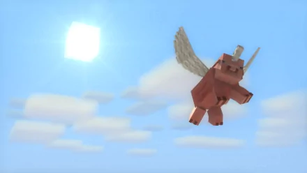 HD desktop wallpaper from Minecraft depicting a flying pig with wings against a clear blue sky and bright sun, designed by Mojang.