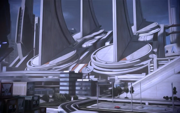 HD PC desktop wallpaper featuring a futuristic cityscape from the video game Mass Effect 3, showcasing sleek architecture and advanced technology under a moody sky.