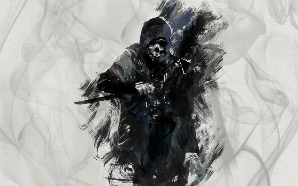 HD desktop wallpaper featuring Corvo Attano from the video game Dishonored, depicted in a dynamic, brush-stroke style art against a smoky background.