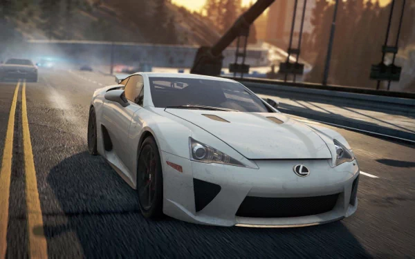 White Lexus-style supercar speeding across a sunlit city bridge, motion-blurred reflections — HD PC desktop wallpaper from the video game Need for Speed: Most Wanted (2012).