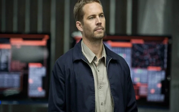 High-definition wallpaper featuring Paul Walker, capturing him in a contemplative moment against a backdrop of digital screens.