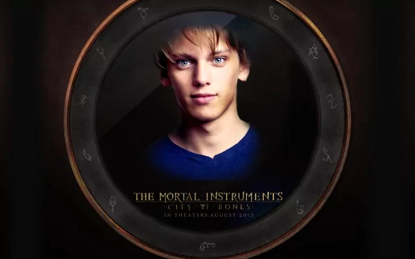 HD PC wallpaper for the movie The Mortal Instruments: City of Bones — close portrait of a young man inside a rune-ringed circular frame on a dark background with the film title beneath.