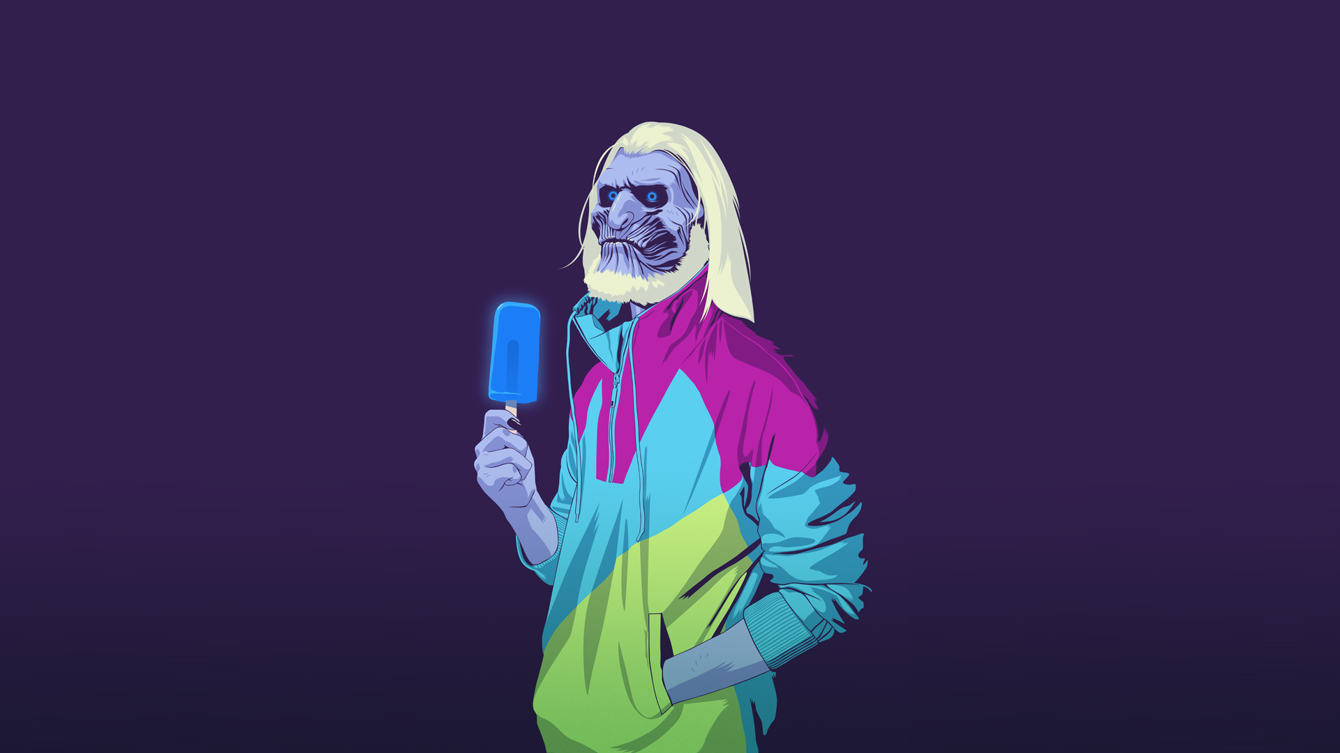 A stylized character with a skull face holding a popsicle on a purple background, designed as an HD desktop wallpaper.