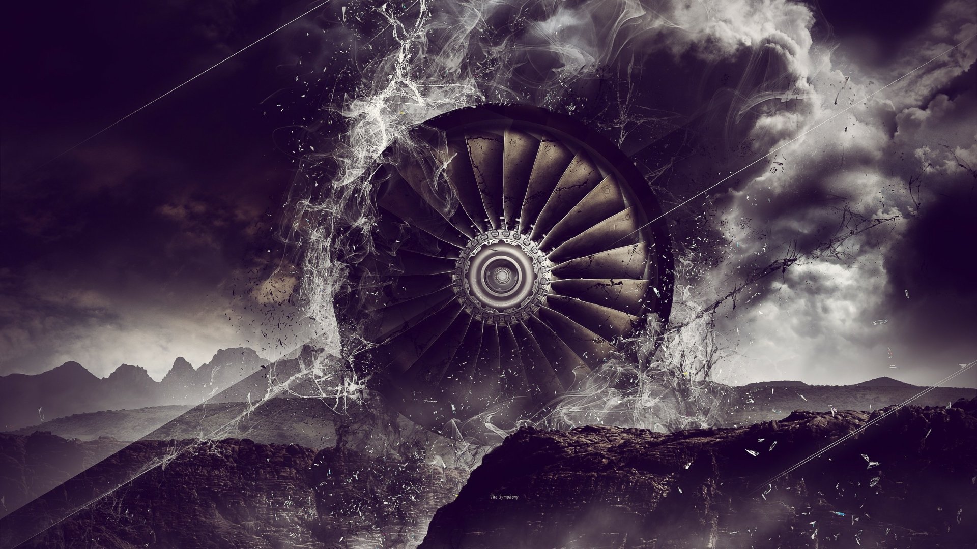 HD desktop wallpaper featuring a surreal landscape with a turbine engine amidst stormy clouds over mountain peaks.