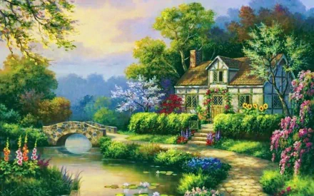A picturesque house surrounded by vibrant flowers and lush greenery, with a charming stone bridge crossing a tranquil stream, creating a serene and artistic outdoor scene.