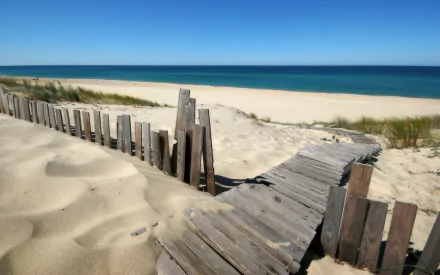 A serene HD desktop wallpaper featuring a wooden fence leading through sandy dunes to a calm beach, framed by clear blue skies and tranquil ocean waters.