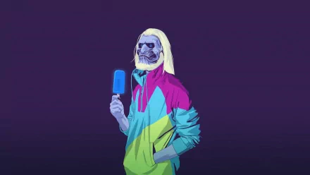 A stylized character with a skull face holding a popsicle on a purple background, designed as an HD desktop wallpaper.