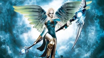 A stunning HD wallpaper from the video game Dante's Inferno, featuring a powerful angelic figure wielding a staff and surrounded by a dramatic, ethereal background.
