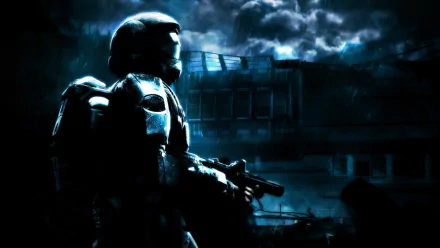 HD PC desktop wallpaper featuring a dark, atmospheric scene from the video game Halo 3: ODST with a lone soldier in futuristic armor holding a weapon.