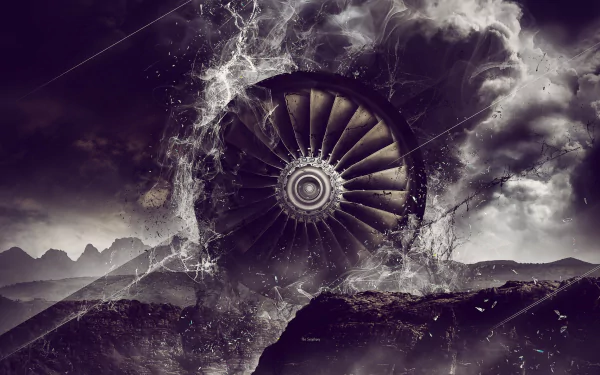 HD desktop wallpaper featuring a surreal landscape with a turbine engine amidst stormy clouds over mountain peaks.