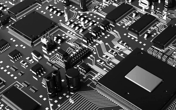 Close-up of a computer circuit board showcasing intricate details of technology. This high-definition wallpaper features various components and connections in a sleek, monochrome design.
