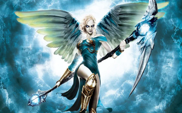 A stunning HD wallpaper from the video game Dante's Inferno, featuring a powerful angelic figure wielding a staff and surrounded by a dramatic, ethereal background.